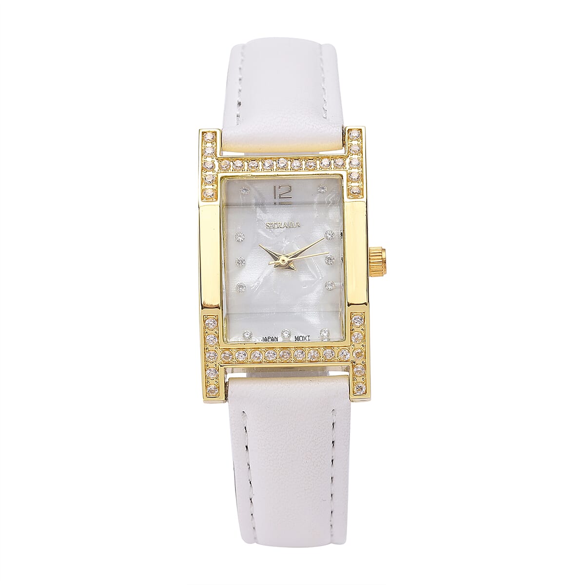 Strada Simulated Diamond Japanese Movement Rectangle Dial Watch in Goldtone with White Vegan Leather Strap (36mm) 0.40 ctw image number 0