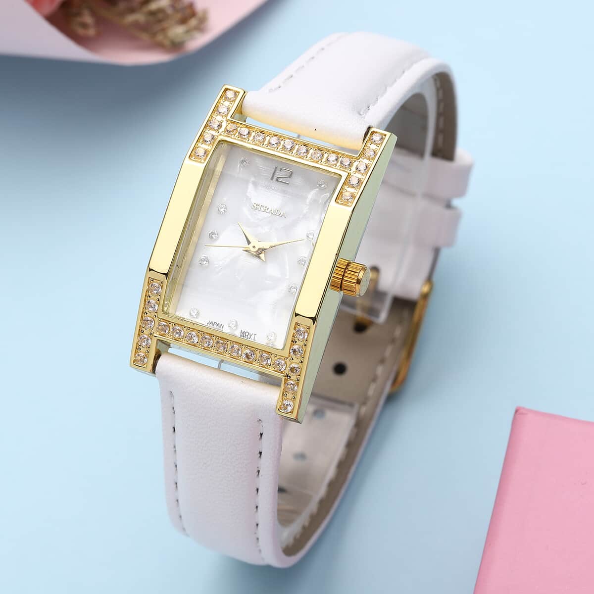 Strada Simulated Diamond Japanese Movement Rectangle Dial Watch in Goldtone with White Vegan Leather Strap (36mm) 0.40 ctw image number 1