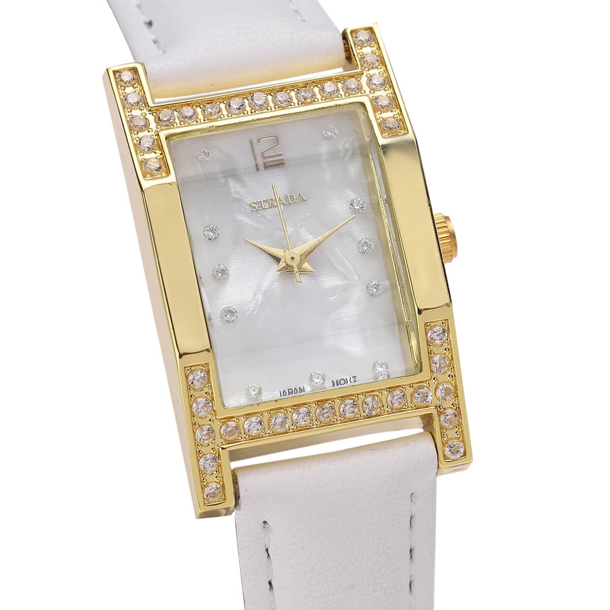 Strada Simulated Diamond Japanese Movement Rectangle Dial Watch in Goldtone with White Vegan Leather Strap (36mm) 0.40 ctw image number 3