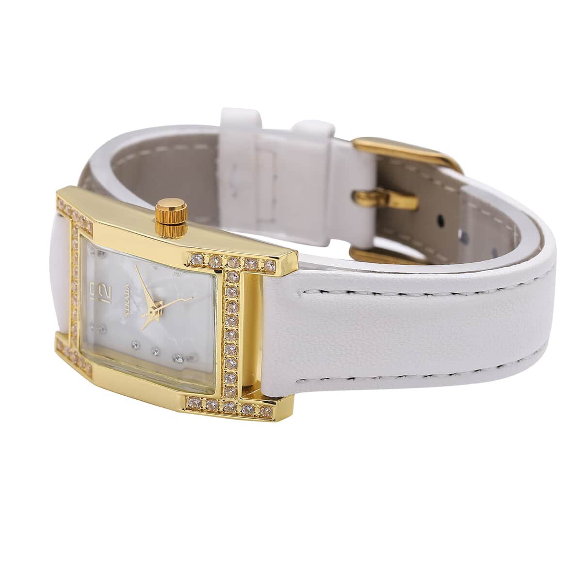 Strada Simulated Diamond Japanese Movement Rectangle Dial Watch in Goldtone with White Vegan Leather Strap (36mm) 0.40 ctw image number 4