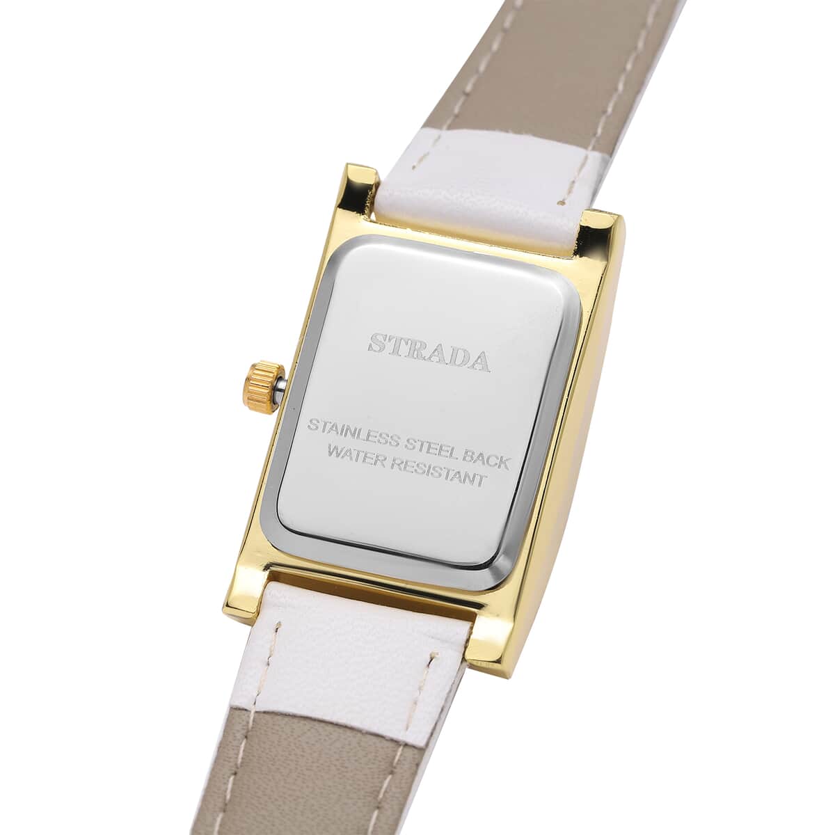 Strada Simulated Diamond Japanese Movement Rectangle Dial Watch in Goldtone with White Vegan Leather Strap (36mm) 0.40 ctw image number 5