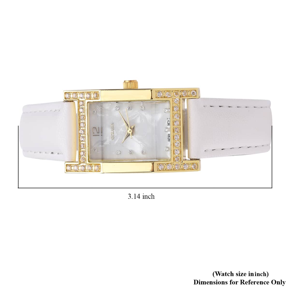 Strada Simulated Diamond Japanese Movement Rectangle Dial Watch in Goldtone with White Vegan Leather Strap (36mm) 0.40 ctw image number 6