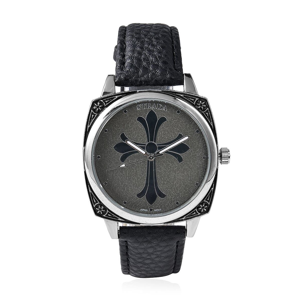 Strada Japanese Movement Cross Pattern Dial Watch with Black Vegan Leather Strap image number 0