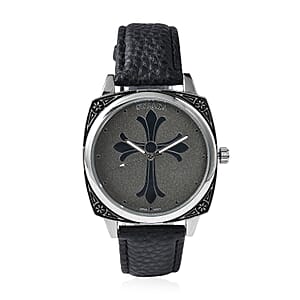 Strada Japanese Movement Cross Pattern Dial Watch with Black Vegan Leather Strap