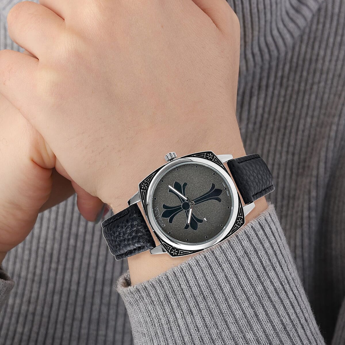 Strada Japanese Movement Cross Pattern Dial Watch with Black Vegan Leather Strap image number 2