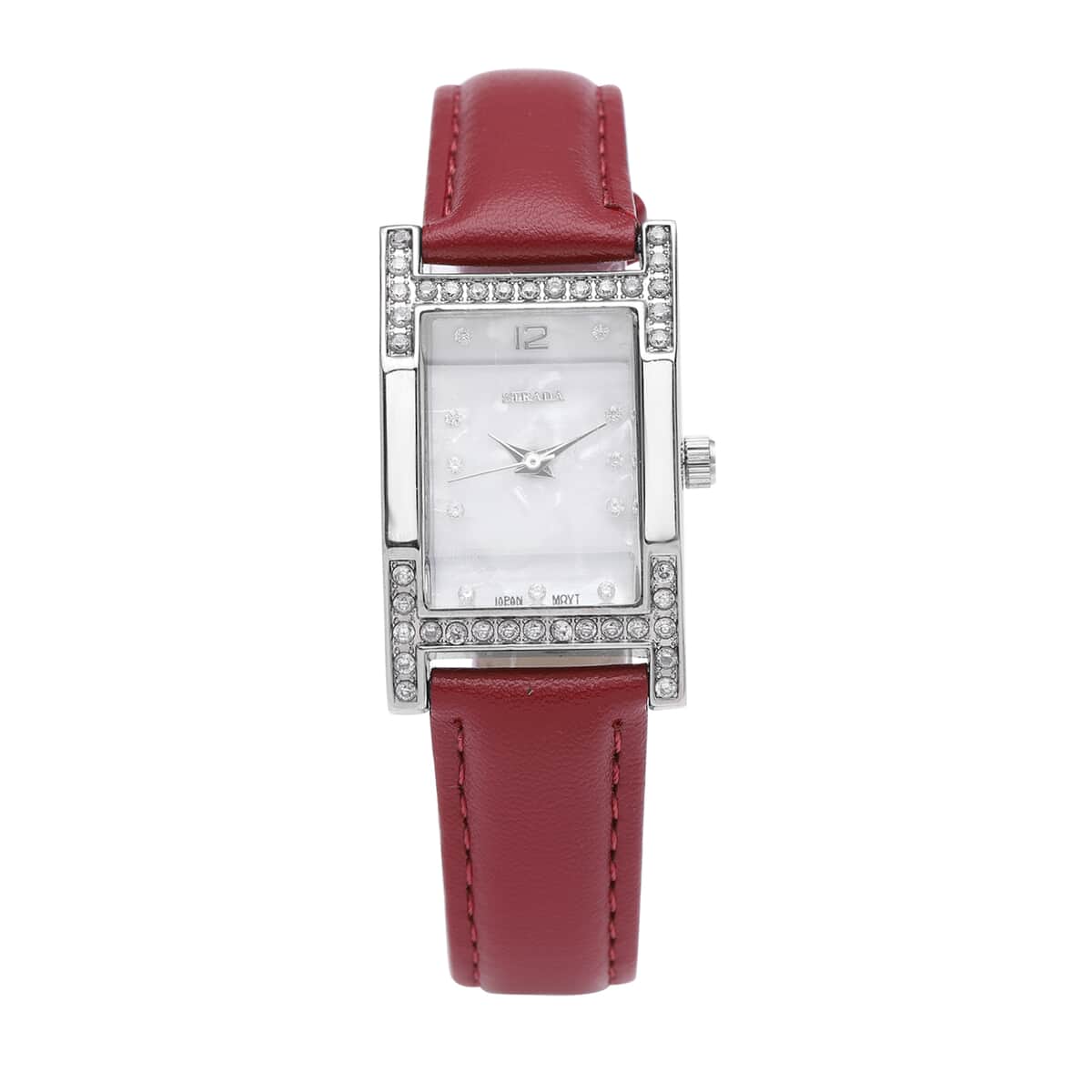 Strada Simulated Diamond Japanese Movement Rectangle Dial Watch in Silvertone with Cranberry Vegan Leather Strap (36mm) 0.40 ctw image number 0
