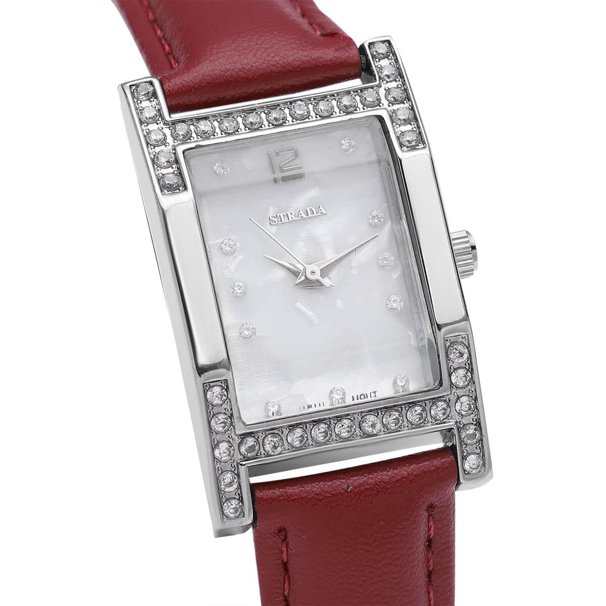 Strada Simulated Diamond Japanese Movement Rectangle Dial Watch in Silvertone with Cranberry Vegan Leather Strap (36mm) 0.40 ctw image number 3