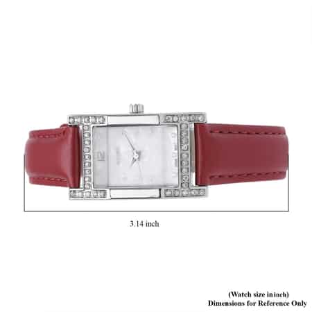 Strada Simulated Diamond Japanese Movement Rectangle Dial Watch in Silvertone with Cranberry Vegan Leather Strap (36mm) 0.40 ctw image number 6