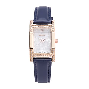 STRADA Simulated Diamond Japanese Movement Rectangle Dial Watch in Rosetone with Blue Vegan Leather Strap (36mm) 0.40 ctw