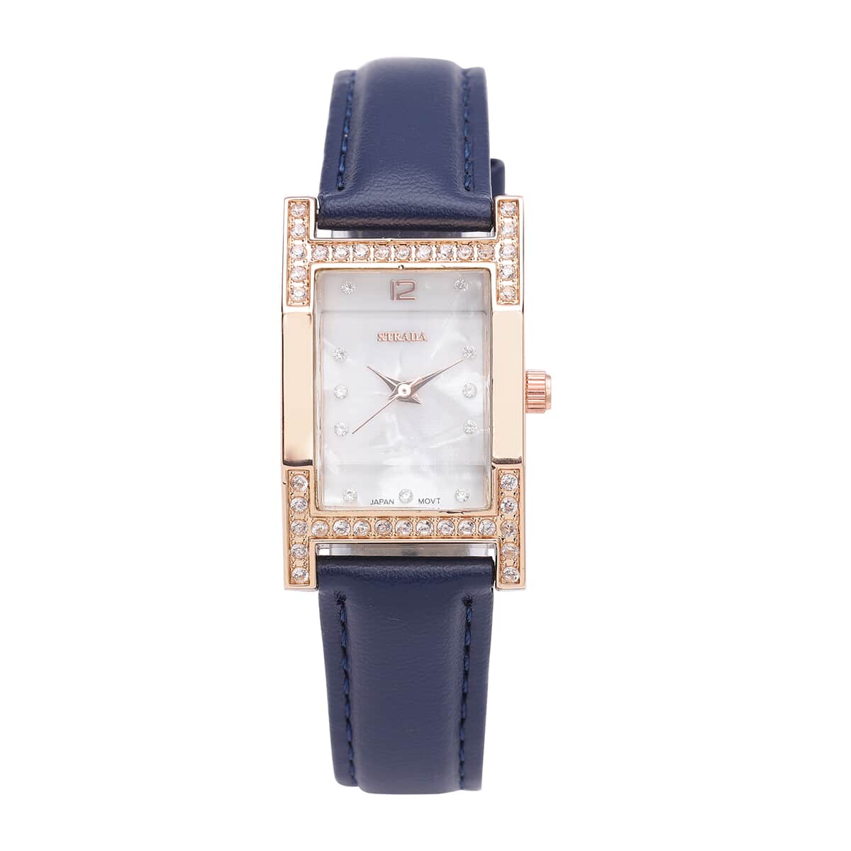 Strada Simulated Diamond Japanese Movement Rectangle Dial Watch in Rosetone with Blue Vegan Leather Strap (36mm) 0.40 ctw image number 0