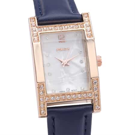 Strada Simulated Diamond Japanese Movement Rectangle Dial Watch in Rosetone with Blue Vegan Leather Strap (36mm) 0.40 ctw image number 3