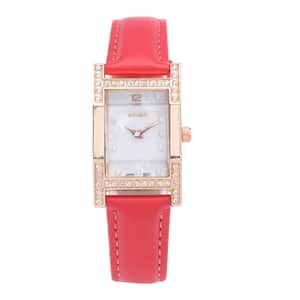 Strada Simulated Diamond Japanese Movement Rectangle Dial Watch in Rosetone with Red Vegan Leather Strap (36mm) 0.40 ctw