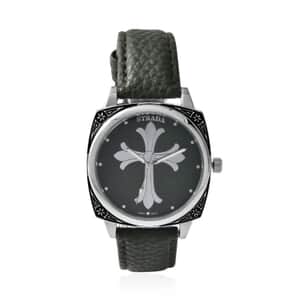 Strada Japanese Movement Cross Pattern Dial Watch with Green Vegan Leather Strap