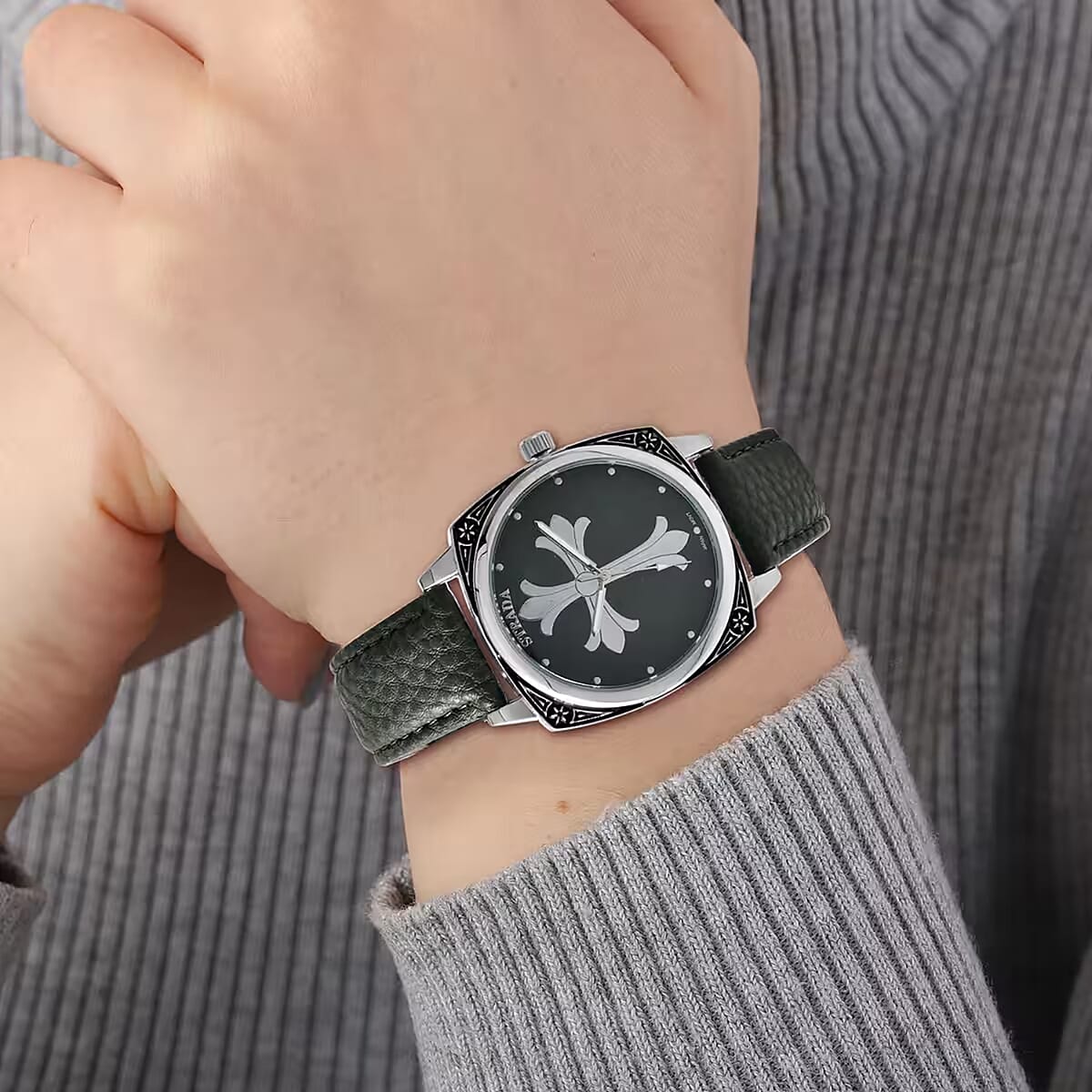 Strada Japanese Movement Cross Pattern Dial Watch with Green Vegan Leather Strap image number 7