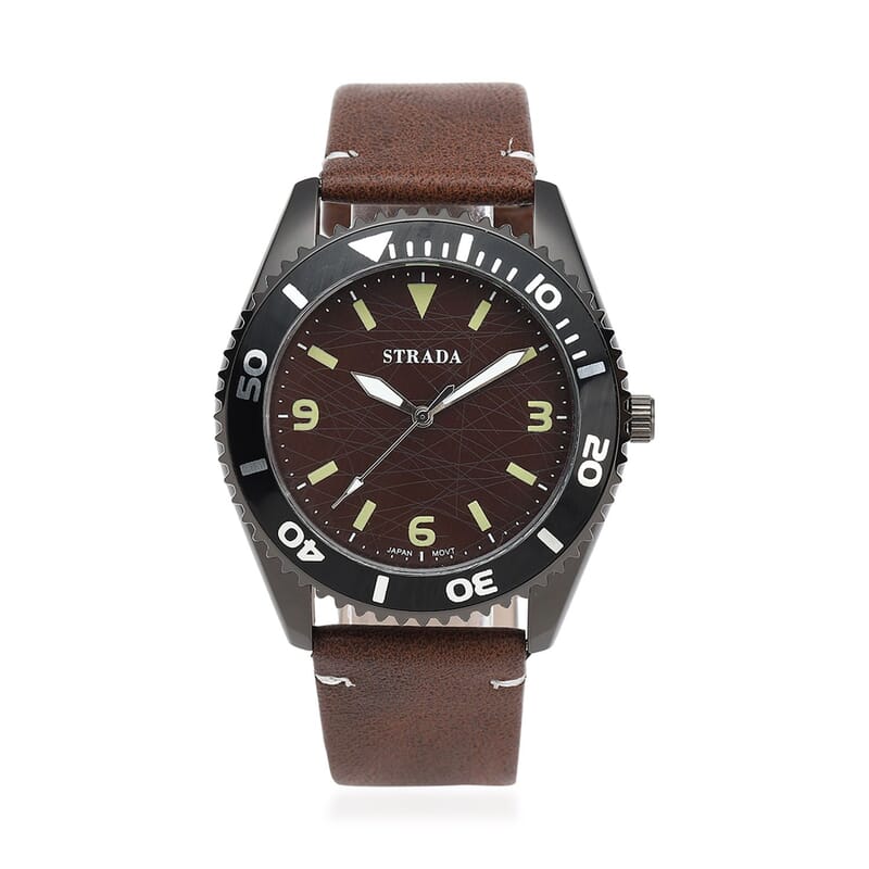 Strada Japanese Movement Watch with Brown Faux Leather Strap (43mm) (8.25-9.25Inches)