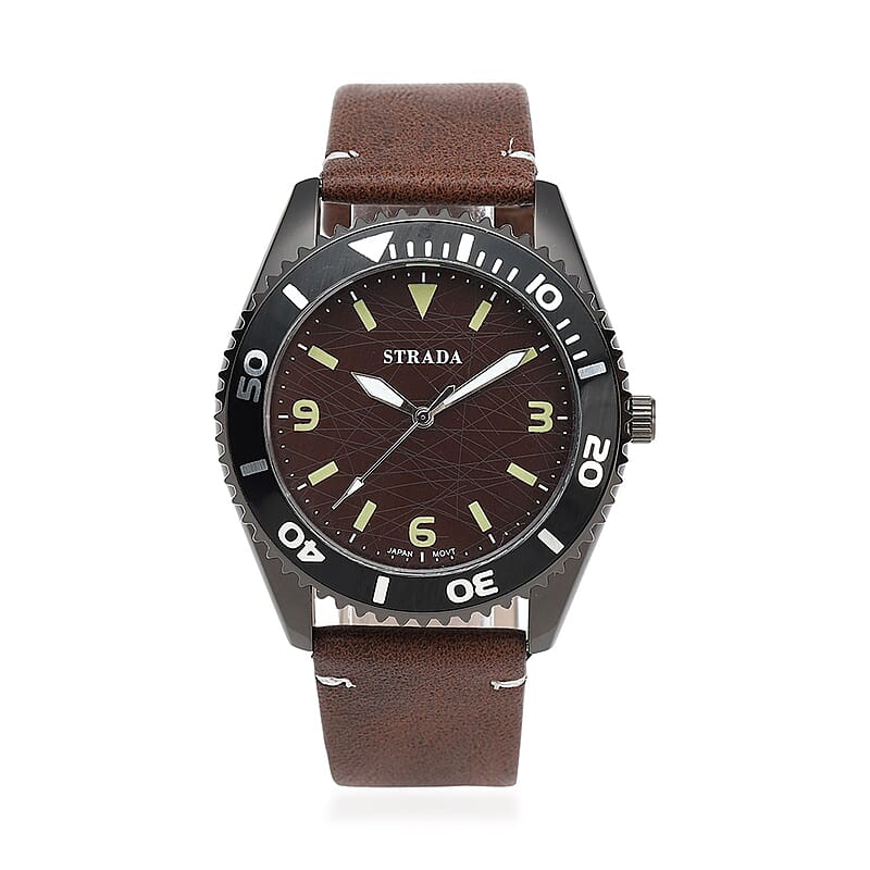 Strada Japanese Movement Watch with Brown Faux Leather Strap (43mm) (8.25-9.25Inches)