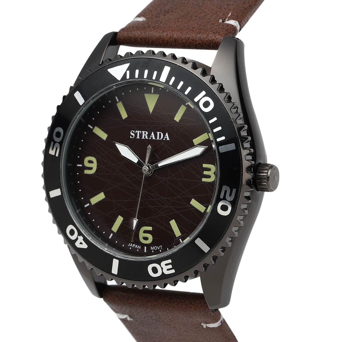 Strada Japanese Movement Watch with Brown Faux Leather Strap (43mm) (8.25-9.25Inches) image number 3