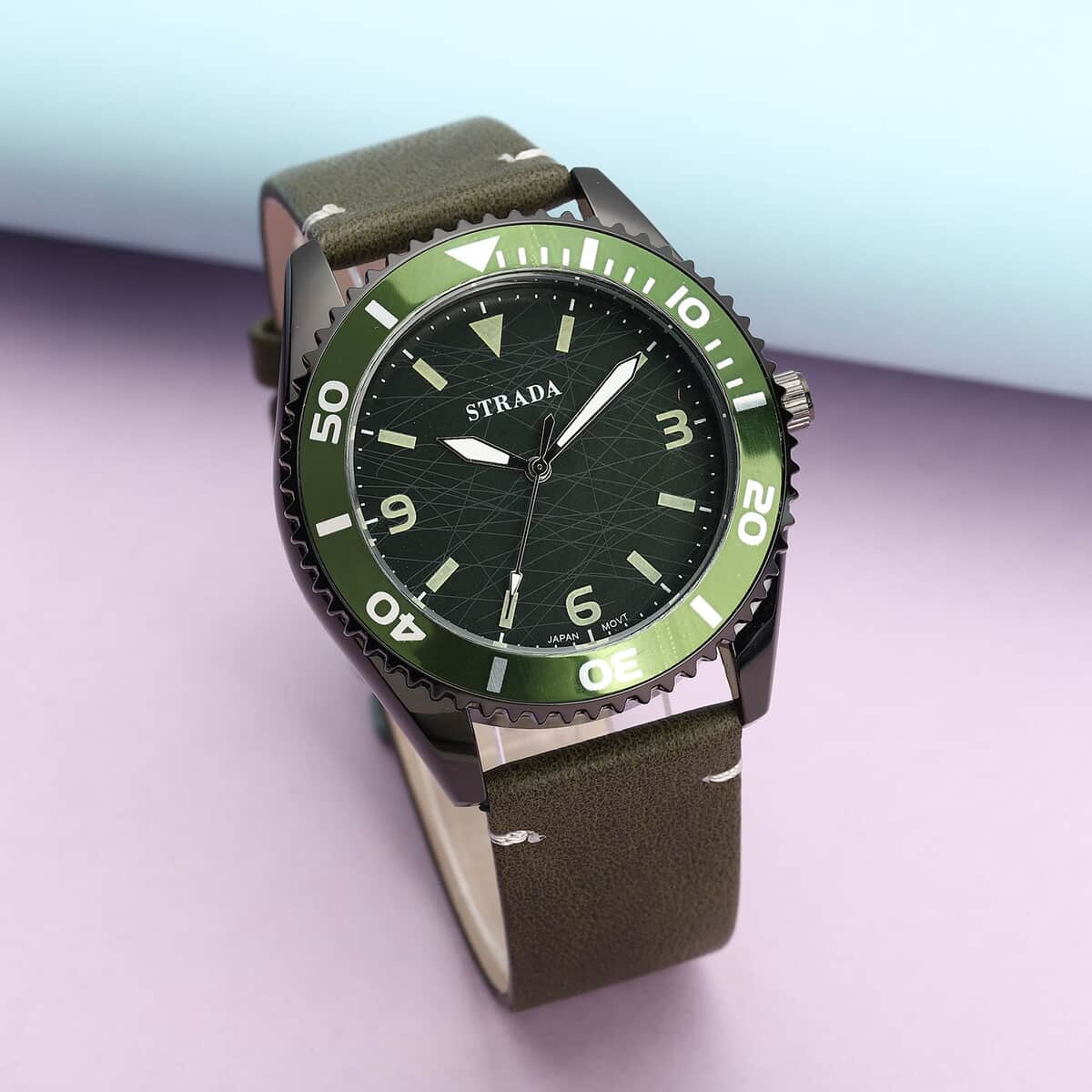 Strada Japanese Movement Watch with Dark Green Faux Leather Strap (42mm) (8.25-9.25Inches) image number 1