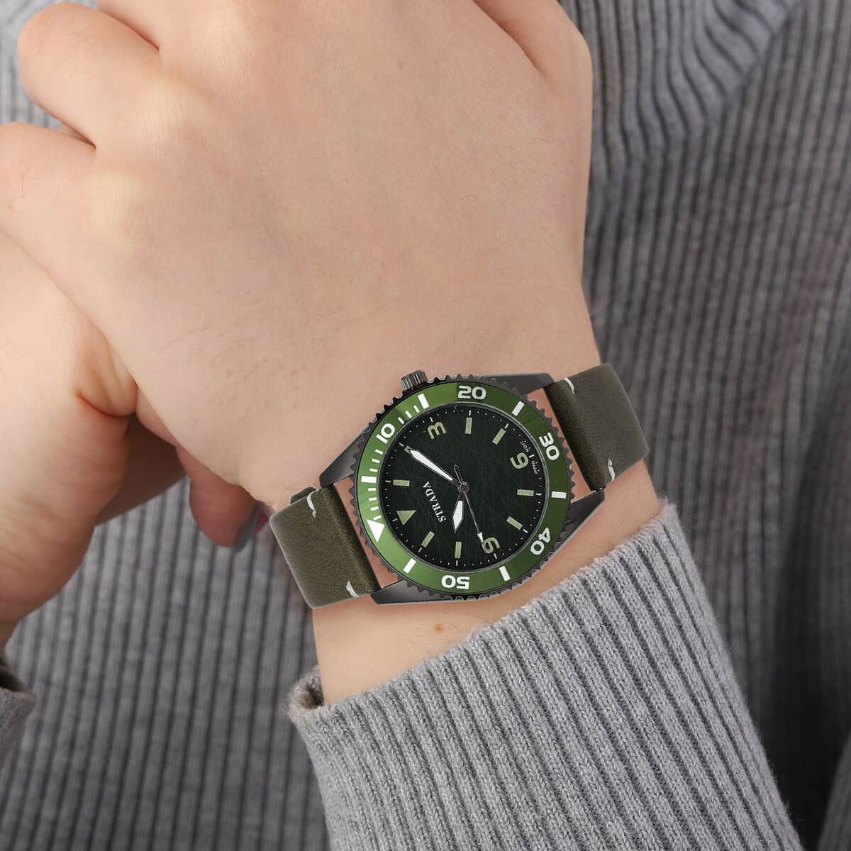 Strada Japanese Movement Watch with Dark Green Faux Leather Strap (42mm) (8.25-9.25Inches) image number 2