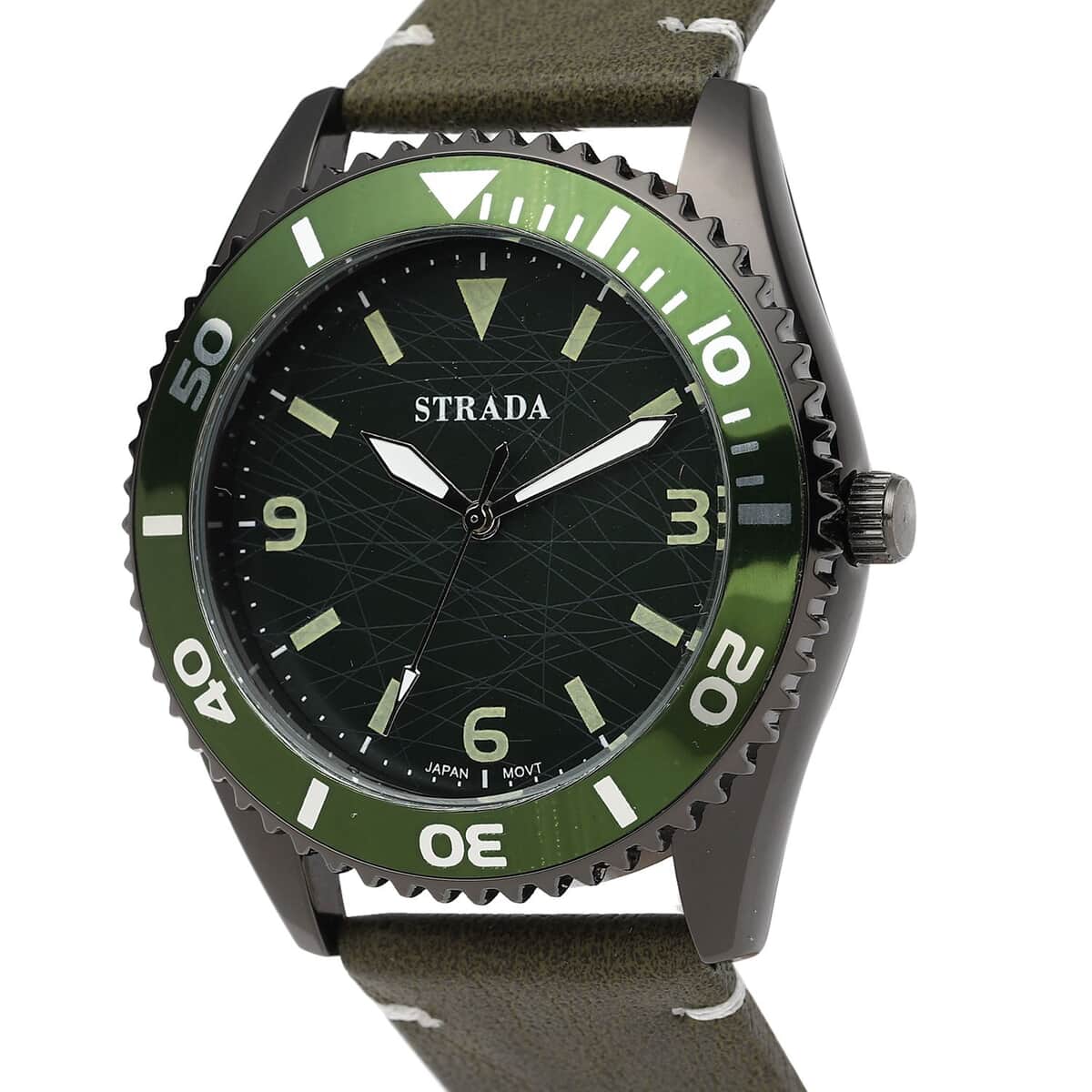 Strada Japanese Movement Watch with Dark Green Faux Leather Strap (42mm) (8.25-9.25Inches) image number 3