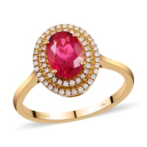 Certified & Appraised ILIANA 18K Yellow Gold AAA Ouro Fino Rubellite and G-H SI Diamond Double Halo Ring 3.52 Grams 1.60 ctw (Delivery in 15-20 Business Days)