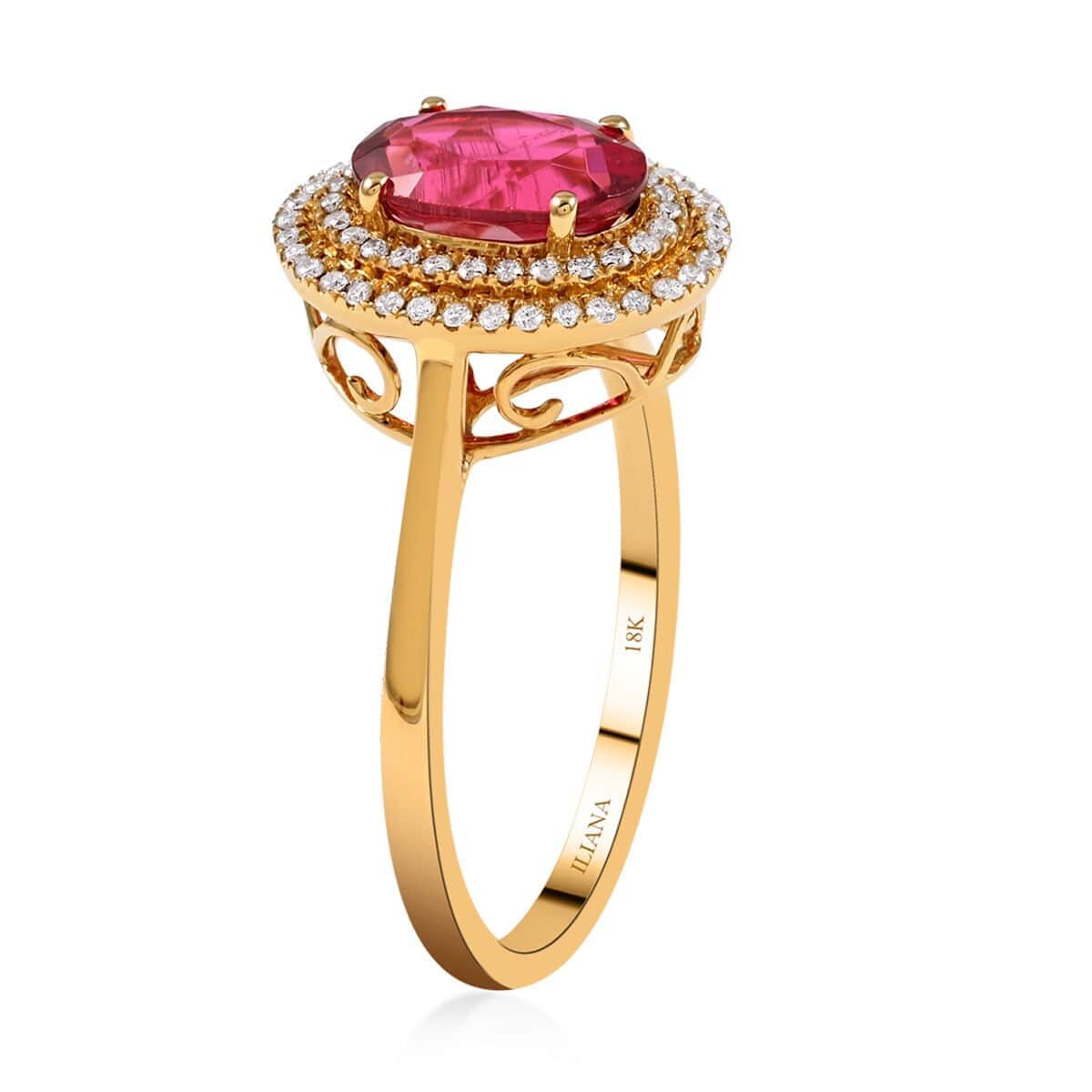 Certified & Appraised ILIANA 18K Yellow Gold AAA Ouro Fino Rubellite and G-H SI Diamond Double Halo Ring 3.52 Grams 1.60 ctw (Delivery in 15-20 Business Days) image number 3