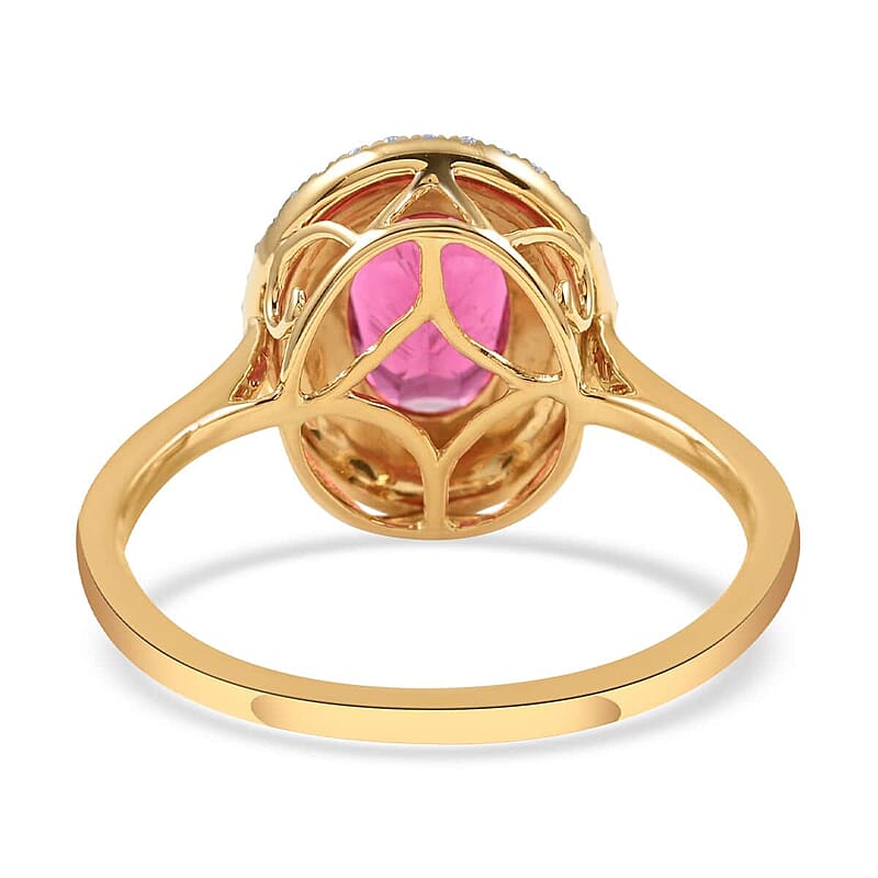 Certified and Appraised Iliana 18K Yellow Gold AAA Ouro Fino Rubellite, Diamond (G-H, SI) (0.22 cts) Double Halo Ring (Size 6.0) 1.60 ctw
