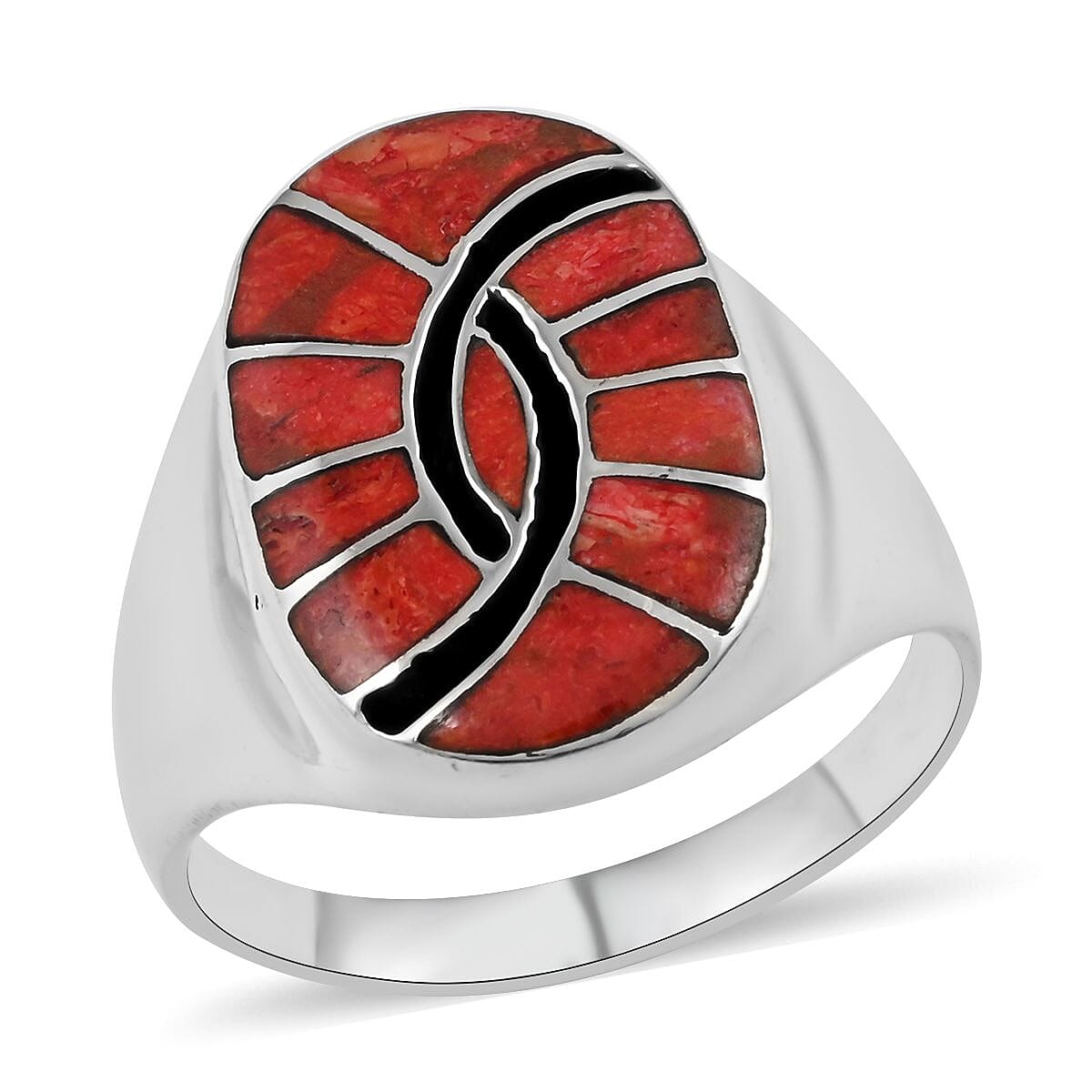 Santa Fe Style Coral and Black Onyx Third Eye Men's Ring in Sterling Silver (Size 11.0) 4.00 ctw image number 0
