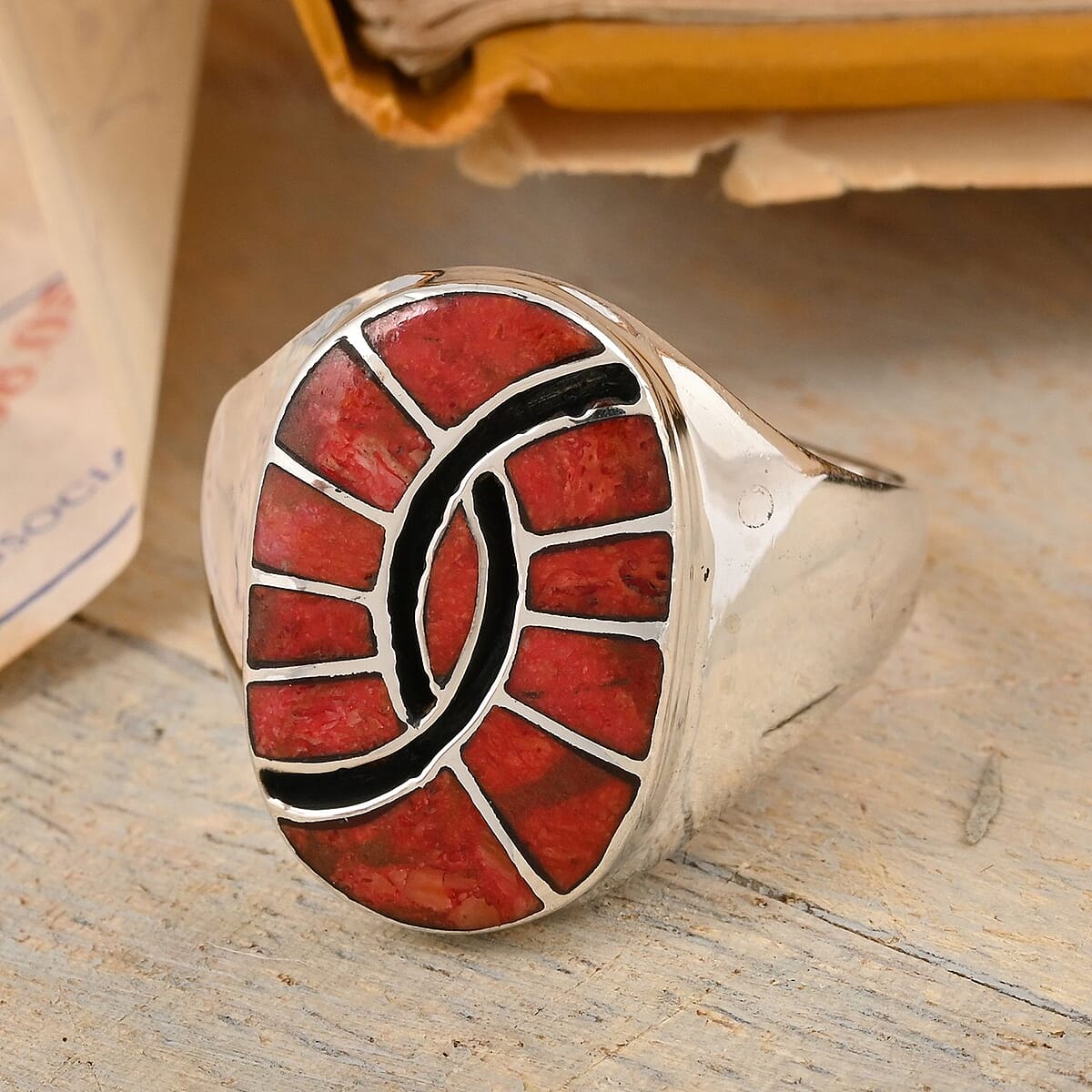 Santa Fe Style Coral and Black Onyx Third Eye Men's Ring in Sterling Silver (Size 12.0) 4.00 ctw image number 1