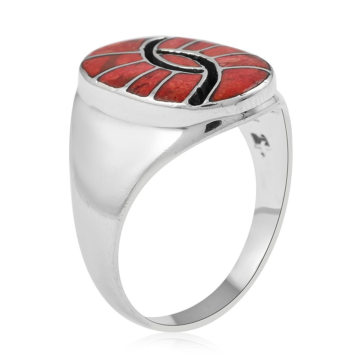 Santa Fe Style Coral and Black Onyx Third Eye Men's Ring in Sterling Silver (Size 12.0) 4.00 ctw image number 3