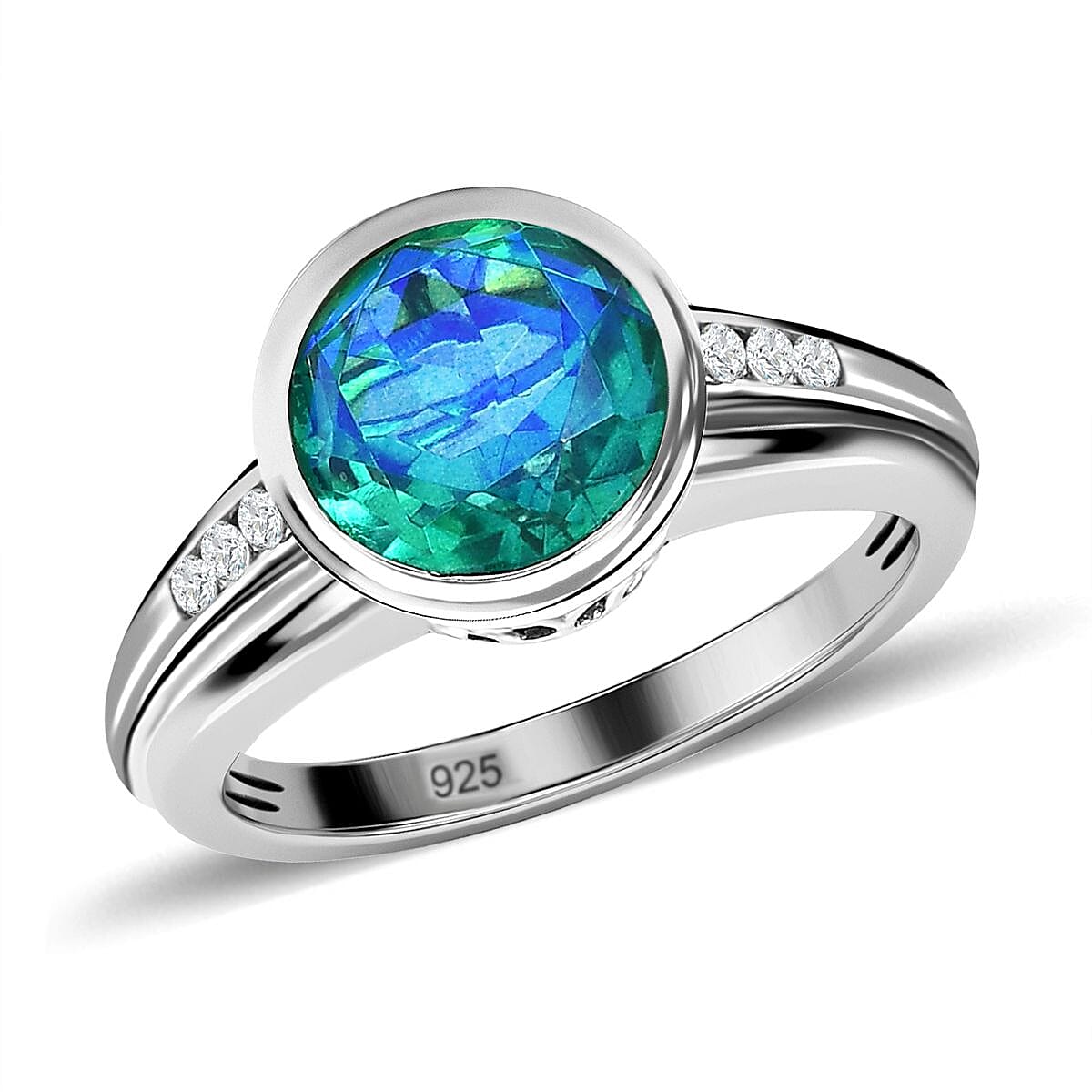 Peacock Quartz (Triplet) and White Zircon 3.15 ctw Ring in Platinum Over Sterling Silver (Size 10.0)