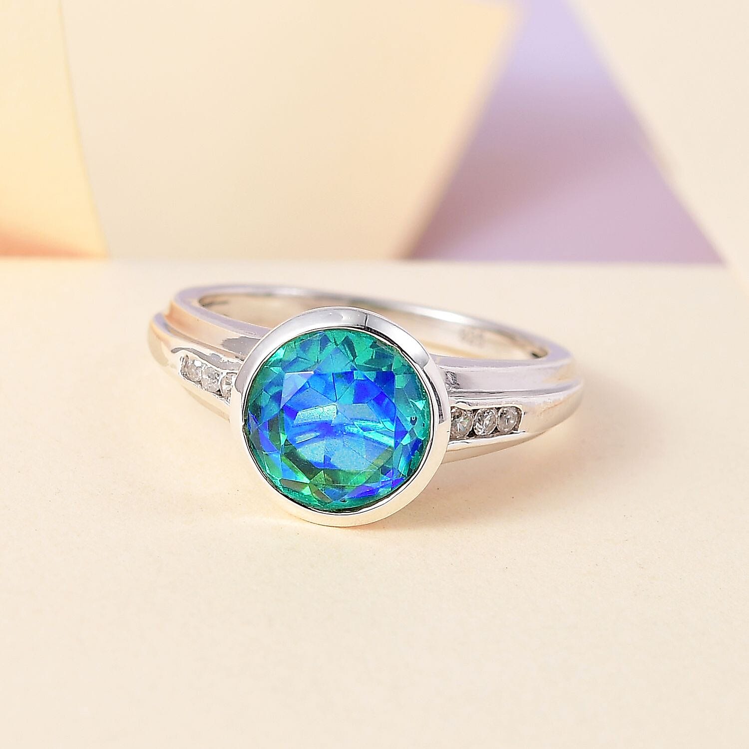 Peacock Quartz (Triplet) and White Zircon 3.15 ctw Ring in Platinum Over Sterling Silver (Size 10.0)