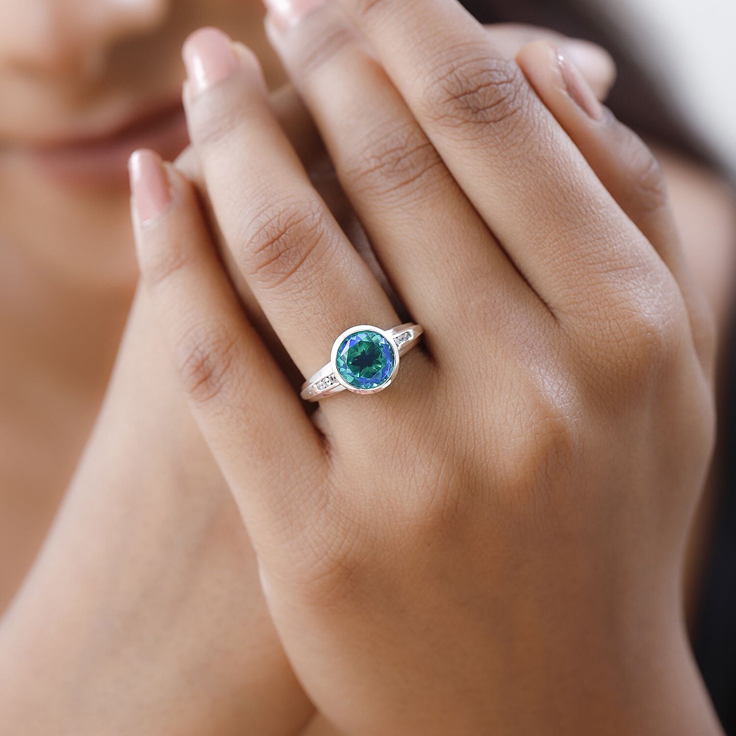 Peacock Quartz (Triplet) and White Zircon 3.15 ctw Ring in Platinum Over Sterling Silver (Size 10.0)