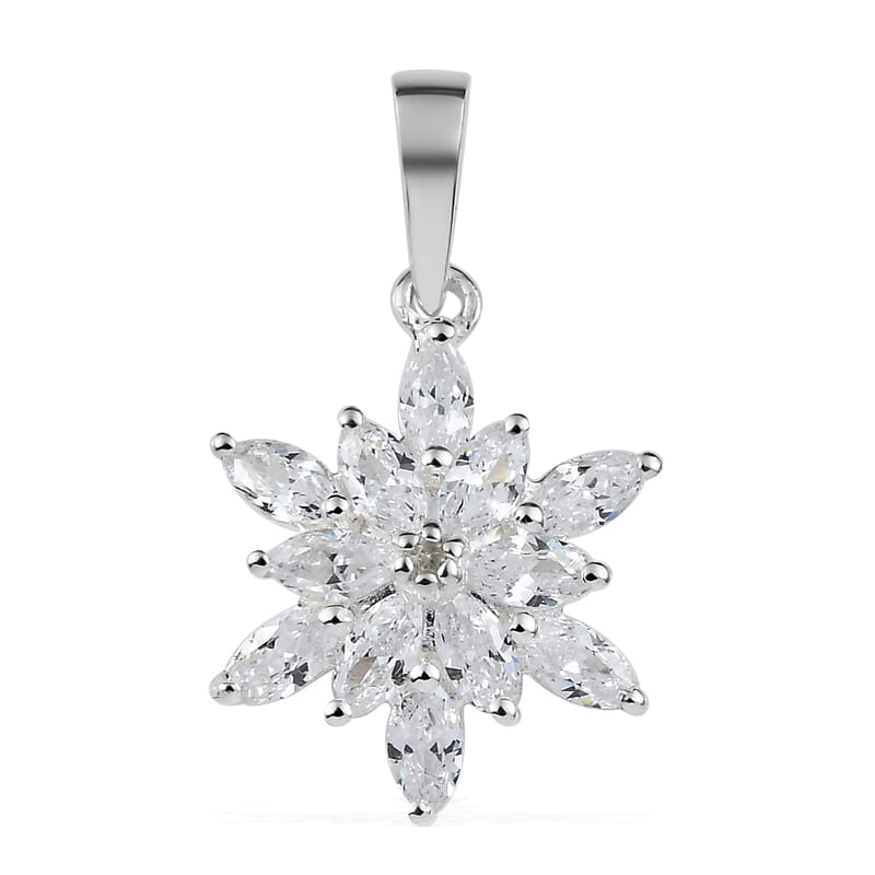 Simulated Diamond and White Zircon Floral Pendant in Sterling Silver 1.50 ctw