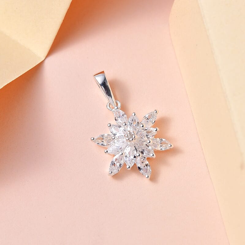 Simulated Diamond and White Zircon Floral Pendant in Sterling Silver 1.50 ctw