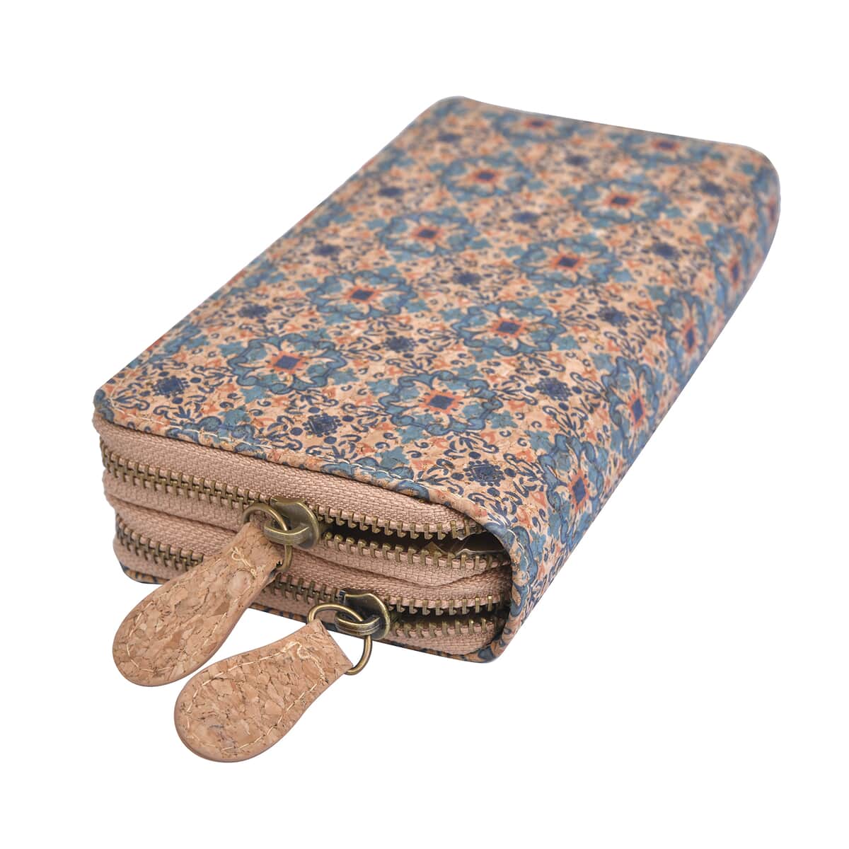 Light Khaki and Floral Pattern Two Zipper Cork Wallet image number 2