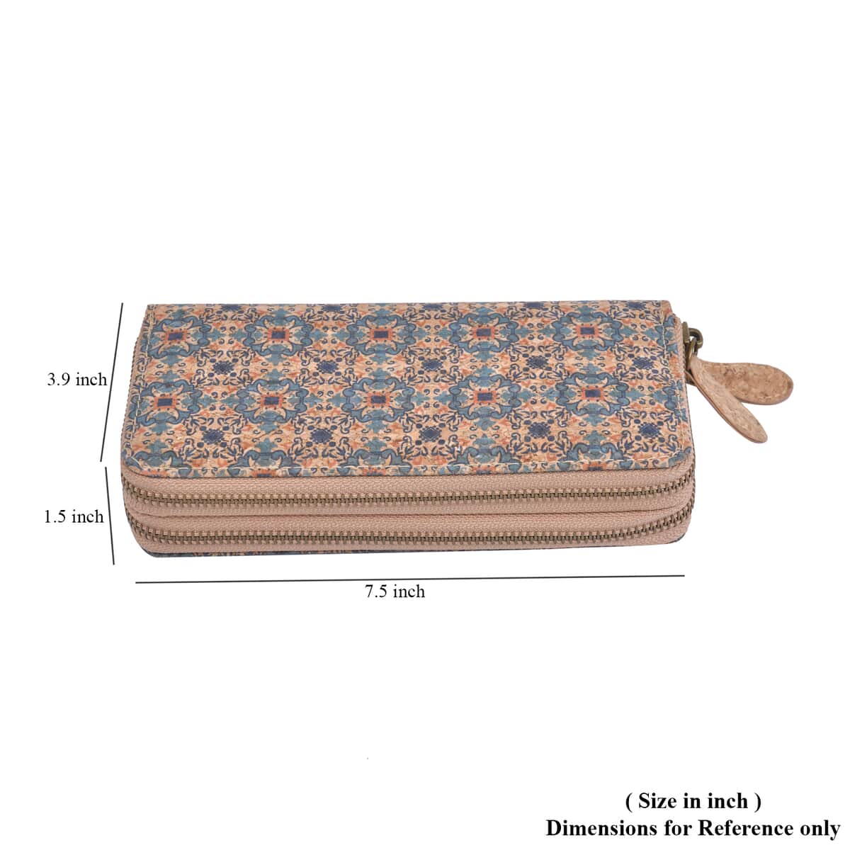 HONG KONG CLOSEOUT Khaki and Tribal Pattern Two Zipper Cork Wallet (7.5"x3.9"x1.5'') image number 6