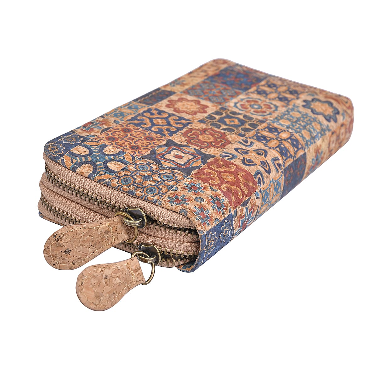 Khaki and Dark Square Pattern Two Zipper Cork Wallet image number 2