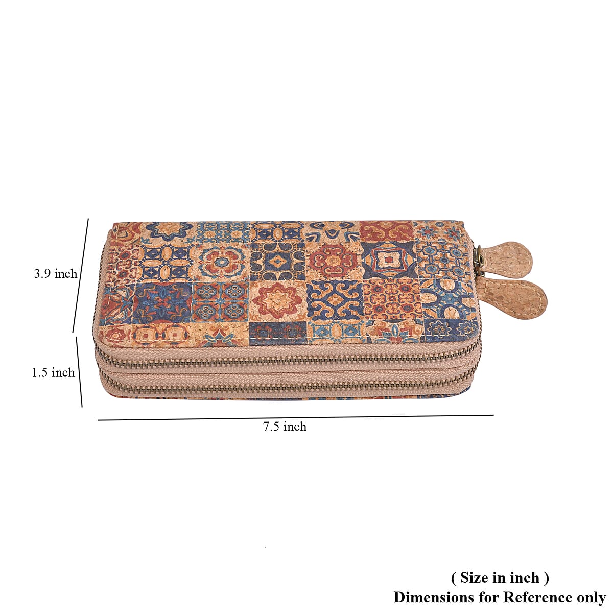 Khaki and Dark Square Pattern Two Zipper Cork Wallet image number 6