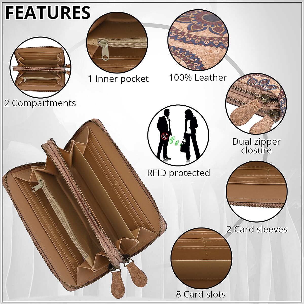 Khaki and Big Mandala Pattern Cork Wallet image number 1