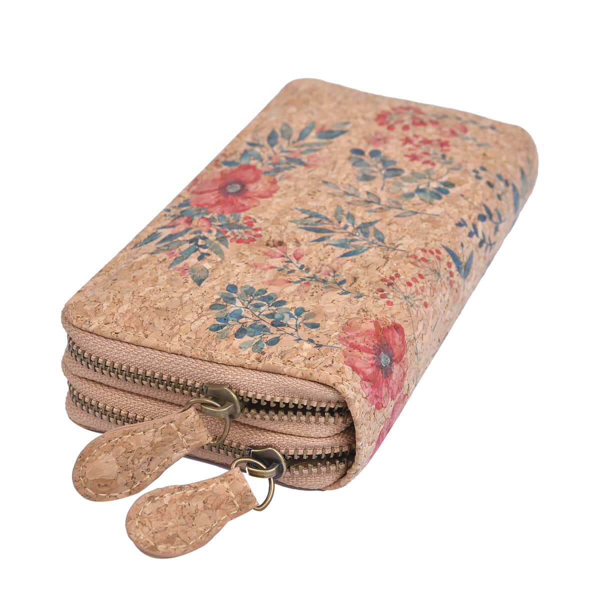 Khaki and Leaf Pattern Two Zipper Cork Wallet image number 2