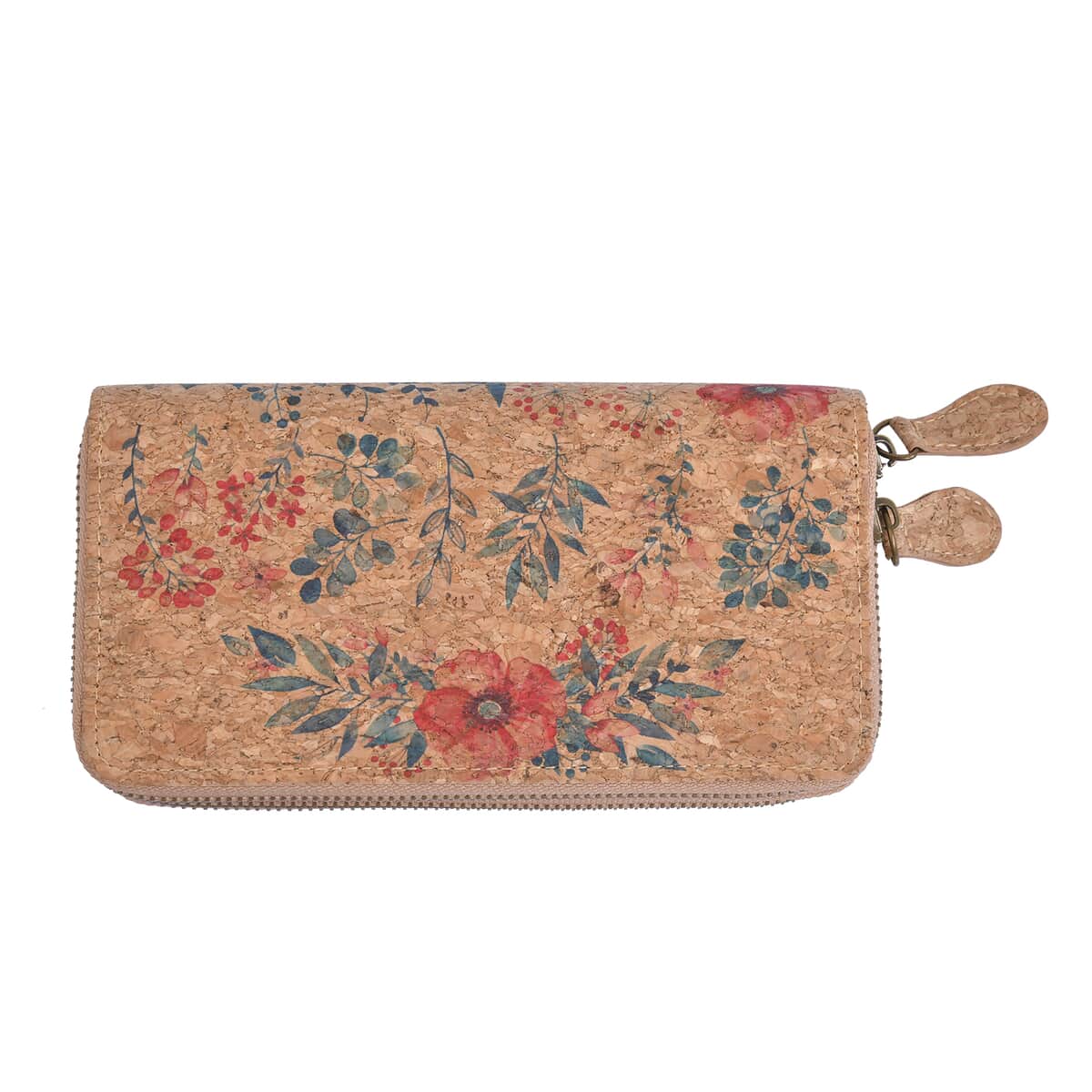 Khaki and Leaf Pattern Two Zipper Cork Wallet image number 4