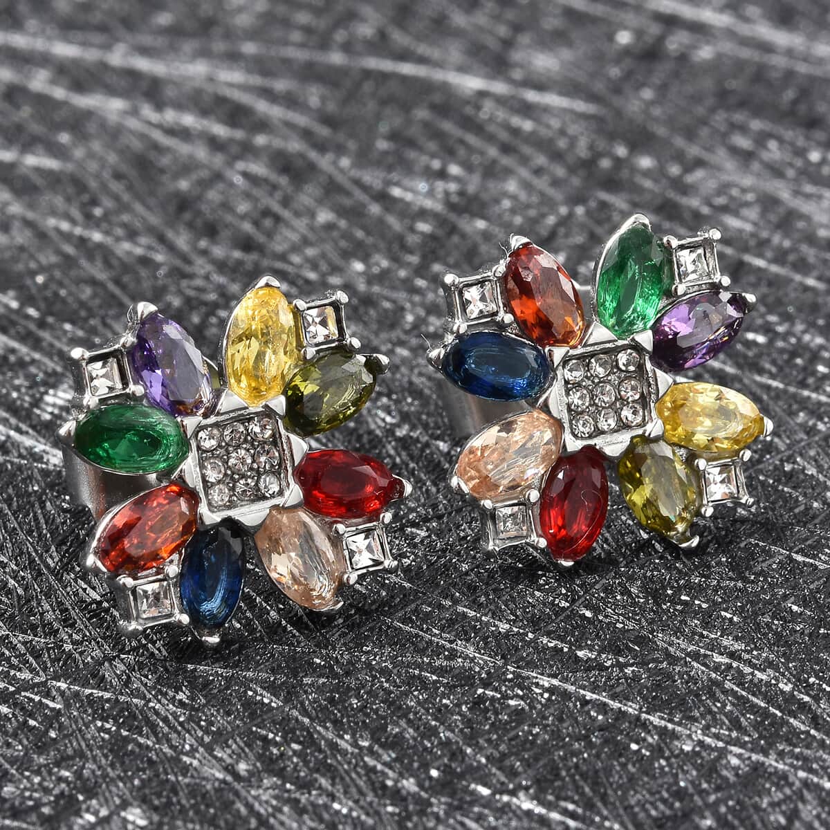 Multi Color Austrian Crystal Floral Earrings in Stainless Steel image number 1