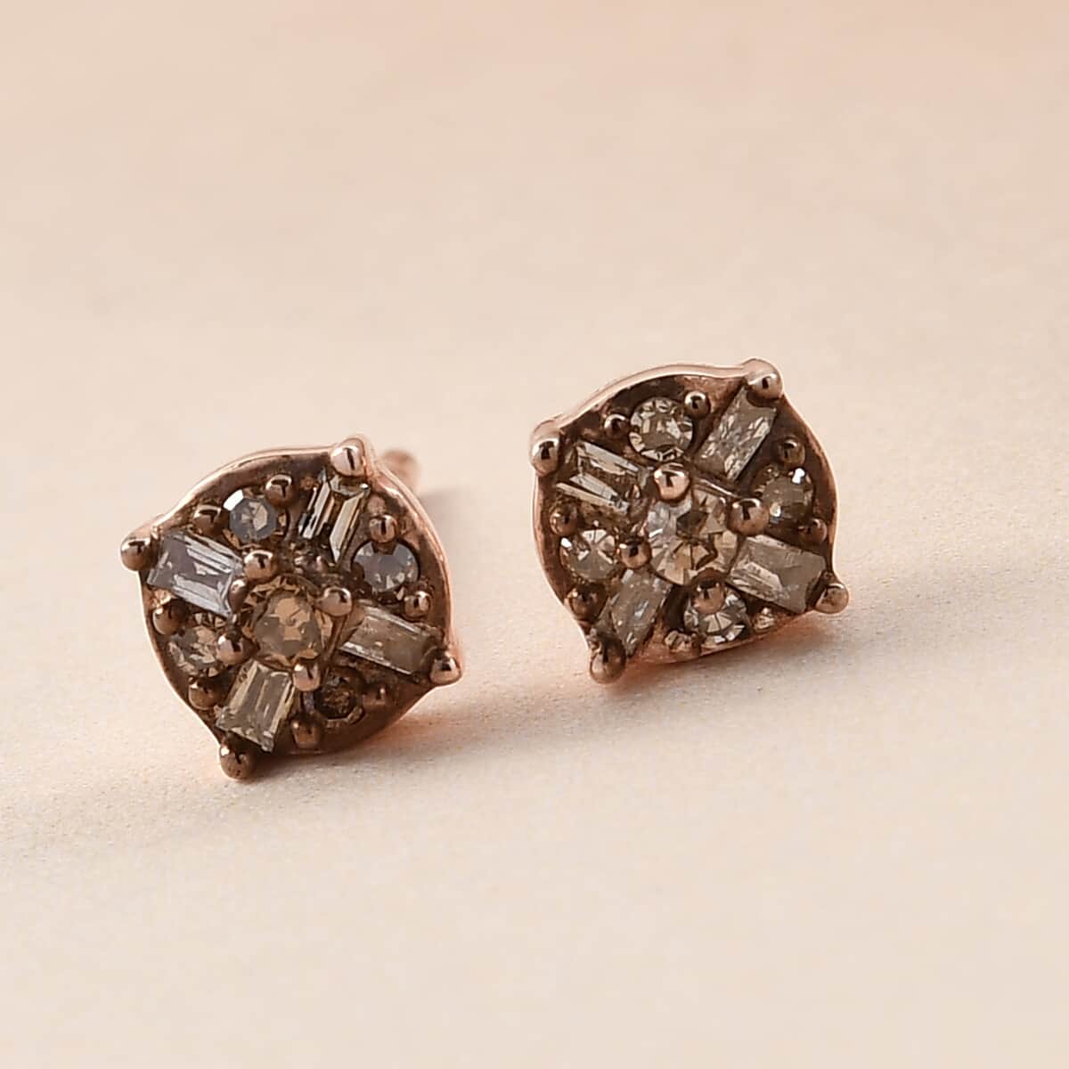 Natural Champagne Diamond Stud Earrings in Rhodium and Vermeil Rose Gold Over Sterling Silver 0.20 ctw image number 1