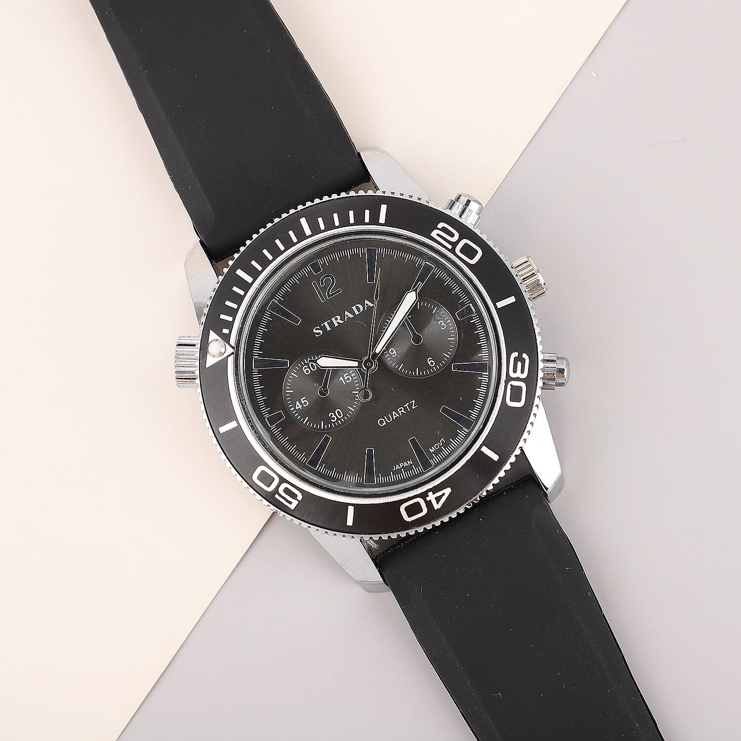 Strada Japanese Movement Rotating Bezel Watch with Black Silicone Strap (45mm)