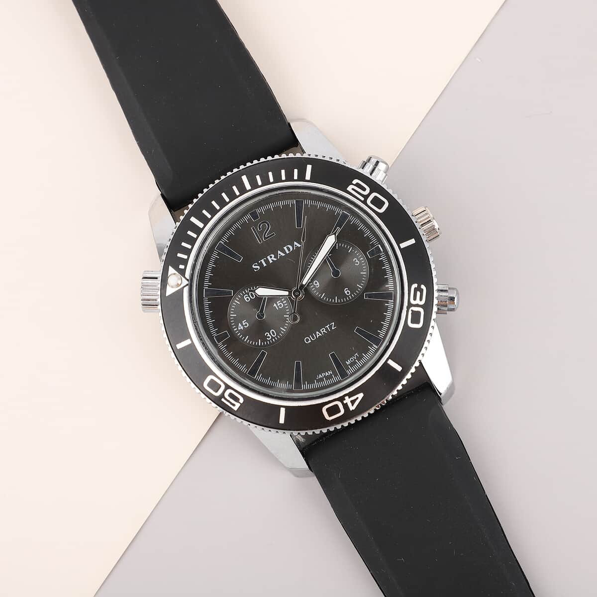 STRADA Japanese Movement Watch with Black Dial and Black Silicone Strap image number 1