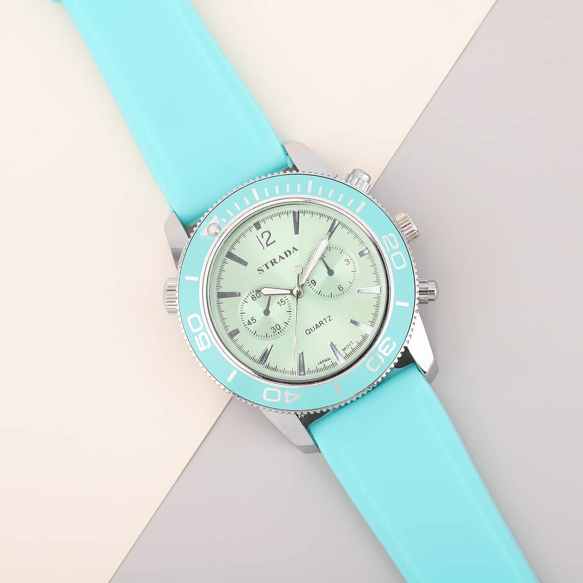 Strada Japanese Movement Rotating Bezel Watch with Blue Green Silicone Strap (45mm) image number 1