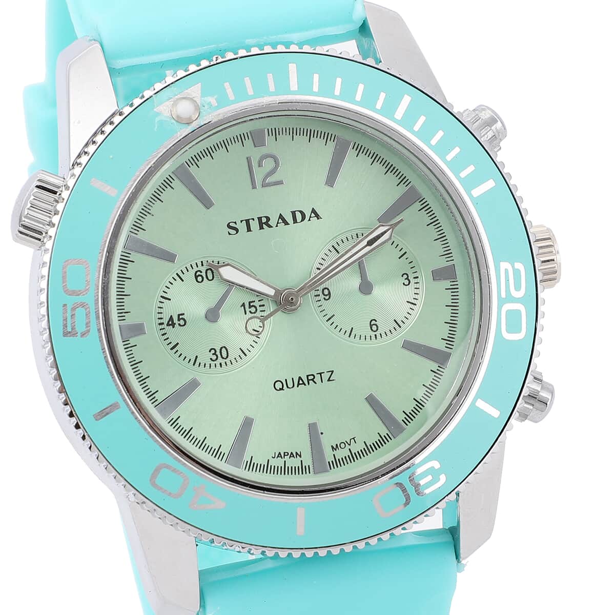Strada Japanese Movement Rotating Bezel Watch with Blue Green Silicone Strap (45mm) image number 3