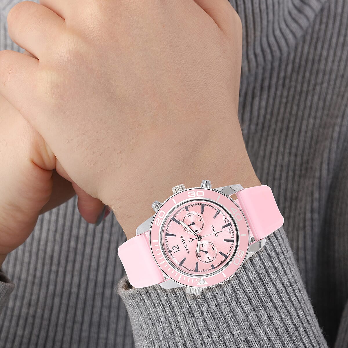 Strada Japanese Movement Rotating Bezel Watch with Pink Silicone Strap (45mm) image number 2