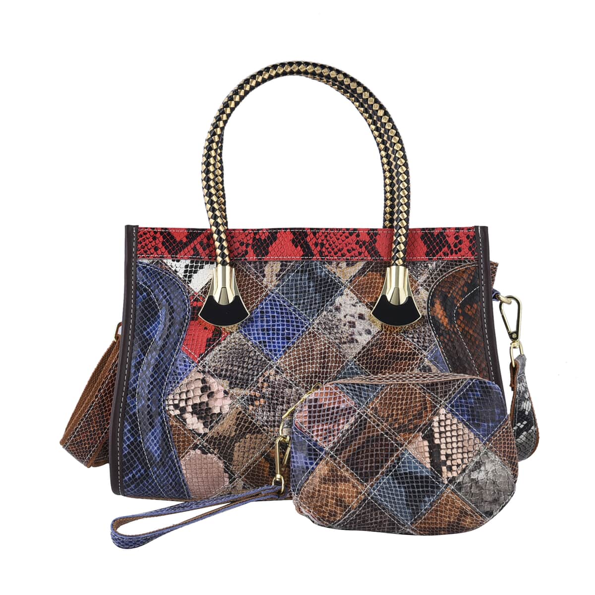 CHAOS BY ELSIE Set of 2 Multi Color Snake Print Genuine Leather Satchel Bag and Clutch image number 0